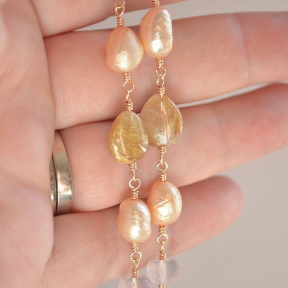 Gold Double Strand Bracelet with Golden Rutilated Quartz Made in Canada - Picture 8 of 9